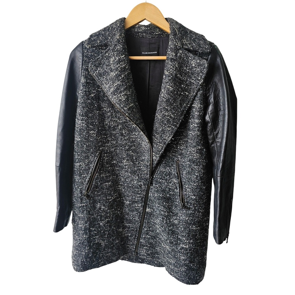 Club Monaco Asymmetrical Zip‎ Moto Leather Sleeve Long Jacket Lambswool Tweed XS